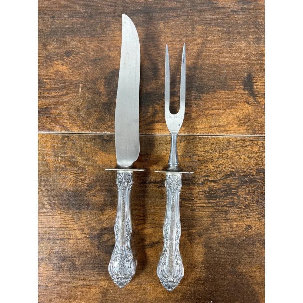 Vintage Ornate Floral Repousse Handle Stainless Steel Carving Knife and Fork Set